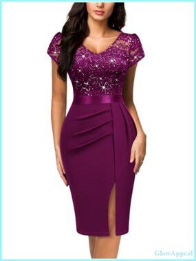 Classy V-Neck Glitter Sequin Lace Cocktail Dress with Cap Sleeves